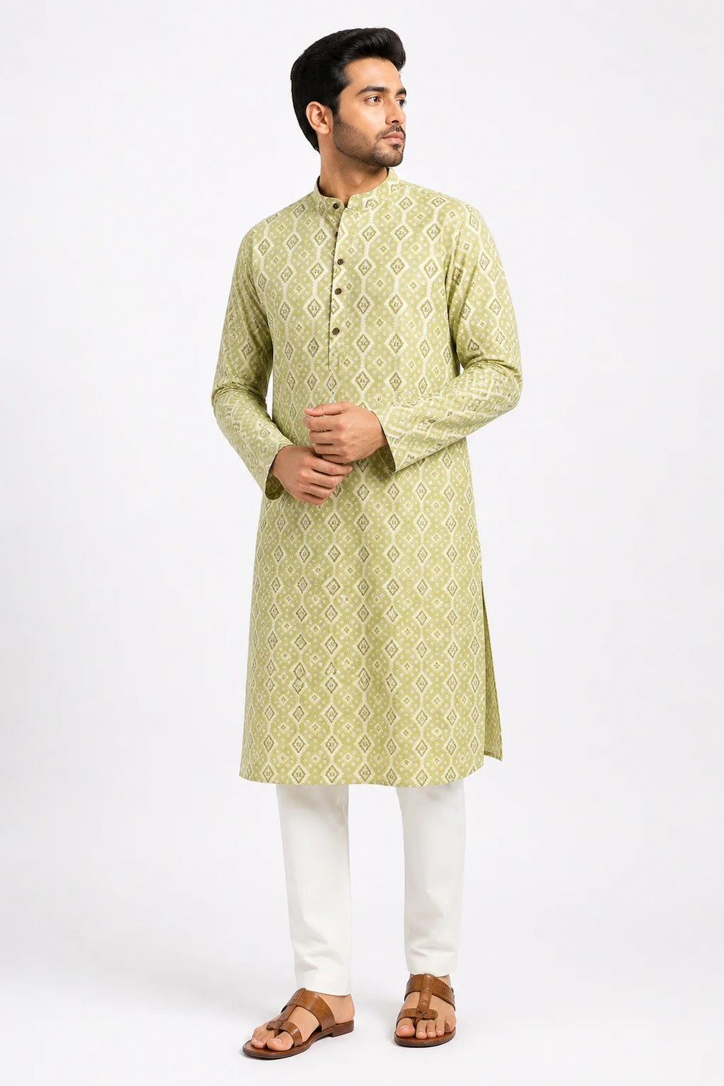 Green Geometric Printed Muslin Silk Kurta