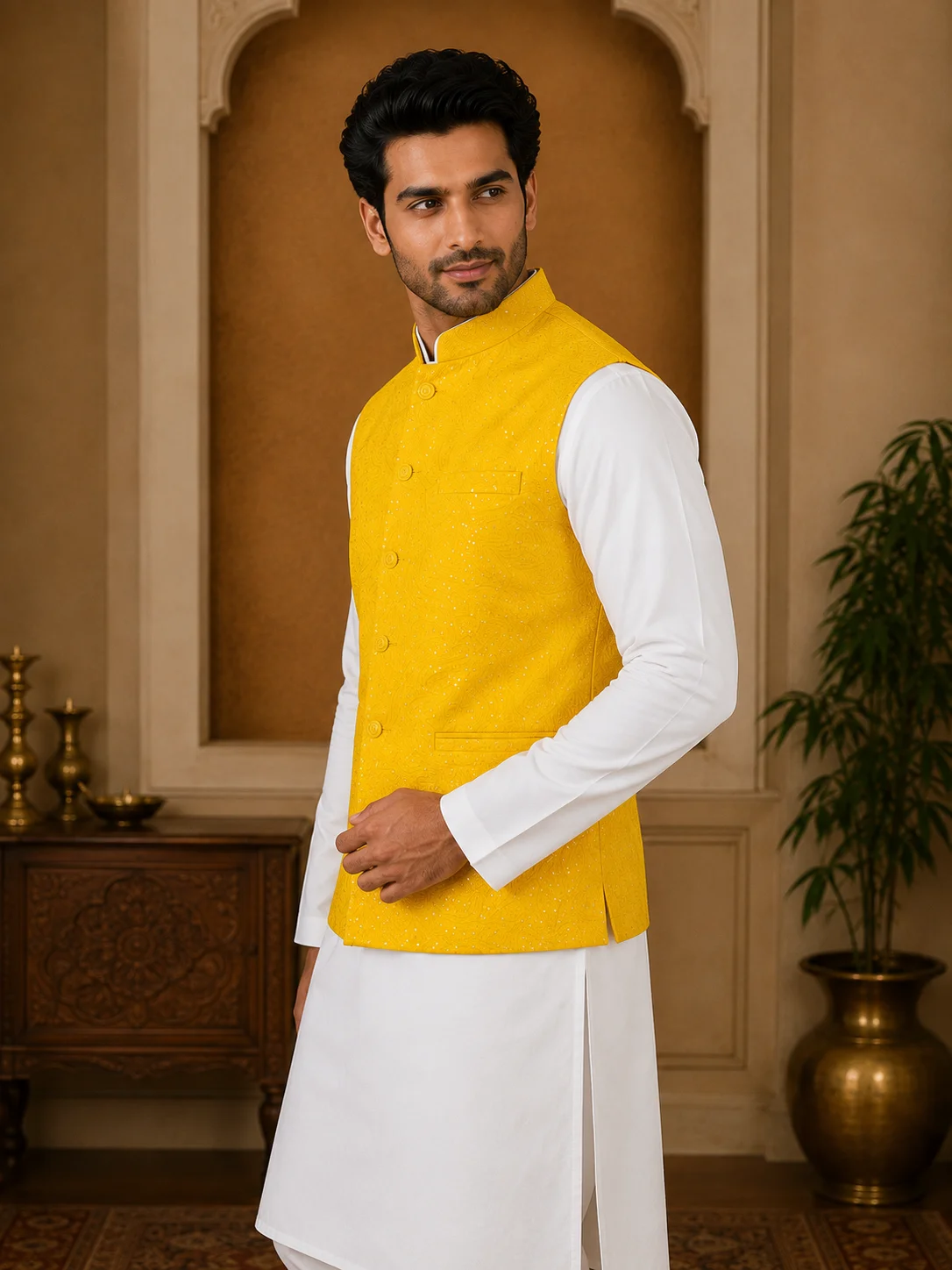 Mustard Yellow Embroidered Waistcoat