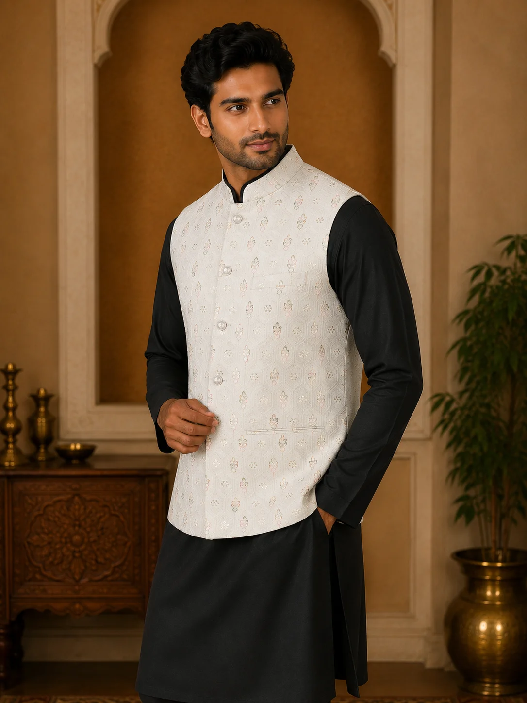 Ivory Embroidered Ethnic Waistcoat