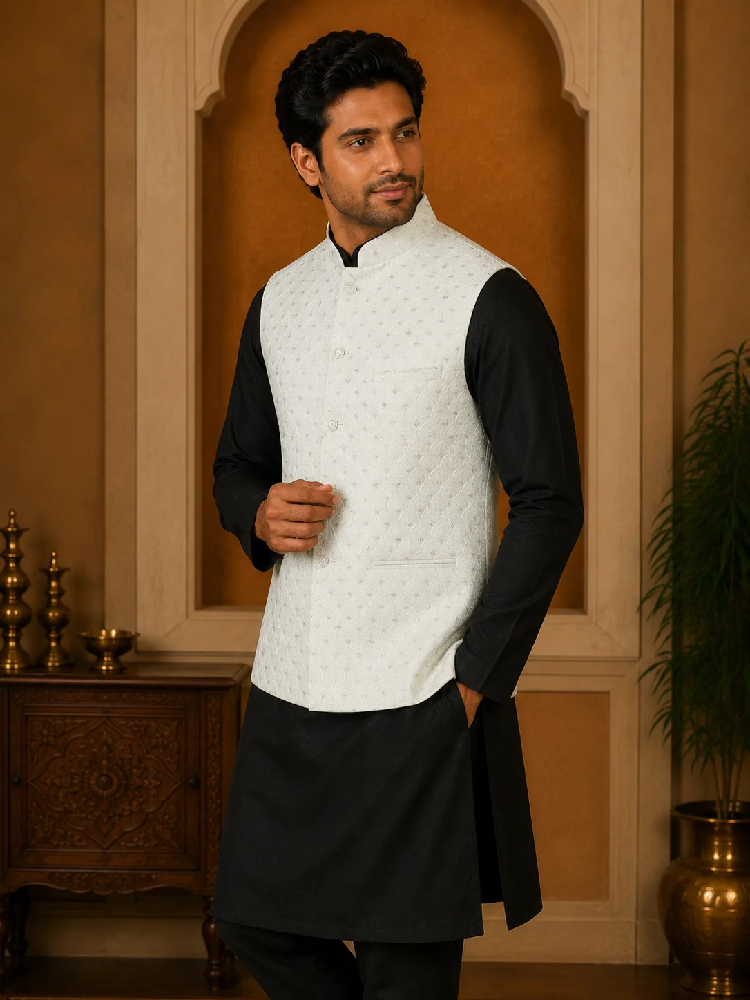 Ivory White Textured Embroidered Waistcoat
