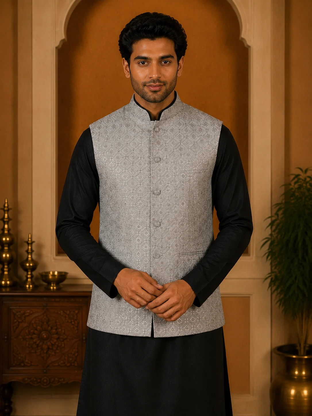 Silver Grey Embroidered Waistcoat