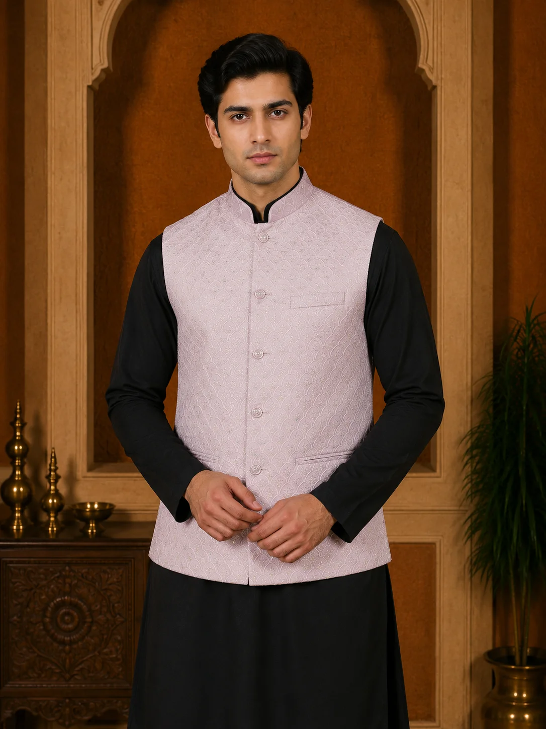Blush Pink Jacquard Waistcoat
