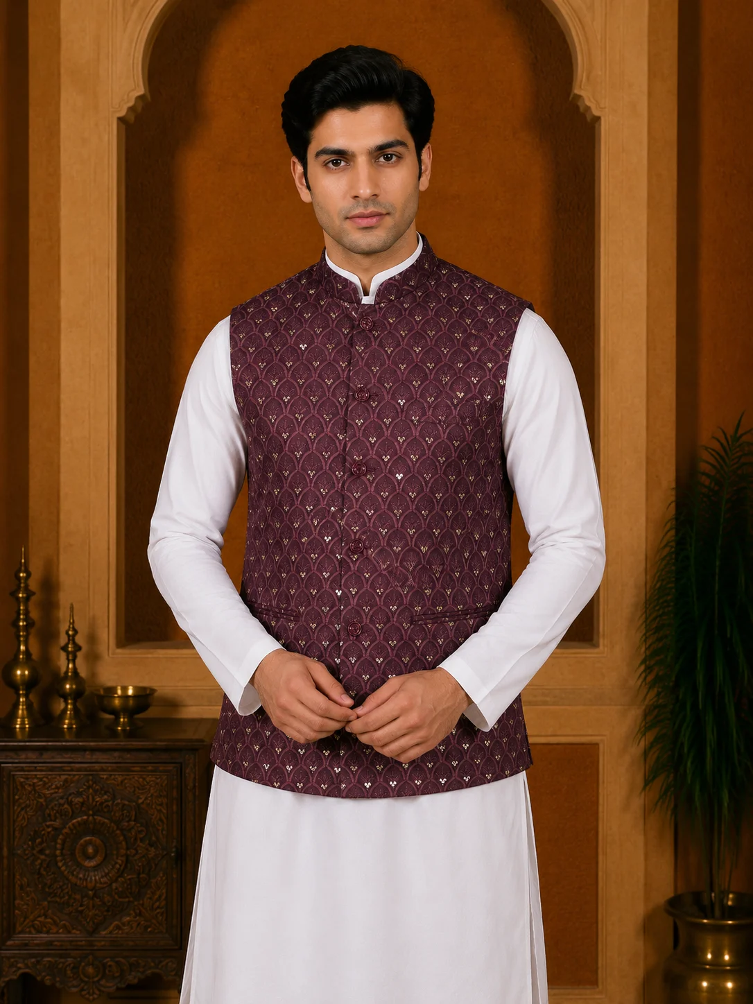 Wine Embroidered Jacquard Waistcoat
