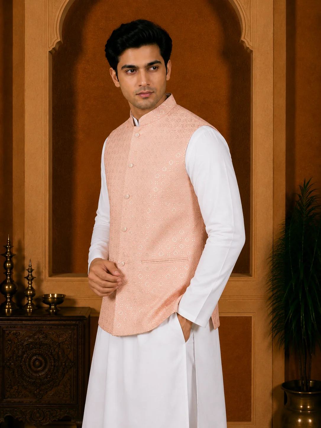 Peach Embroidered Sequin Waistcoat