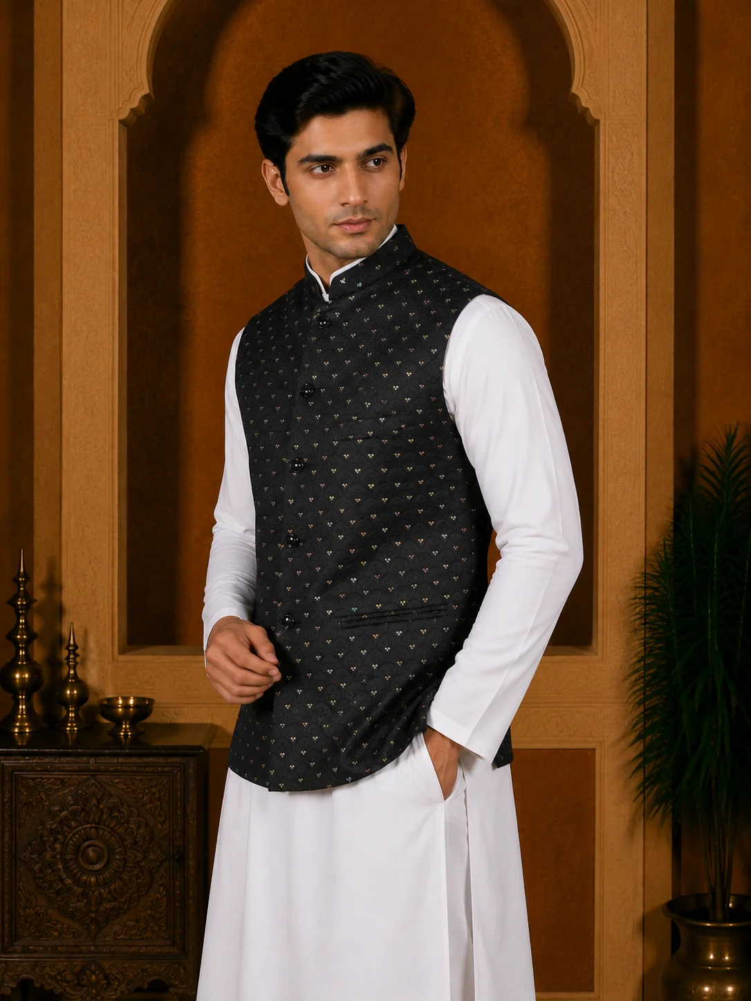 Black Embroidered Jacquard Waistcoat