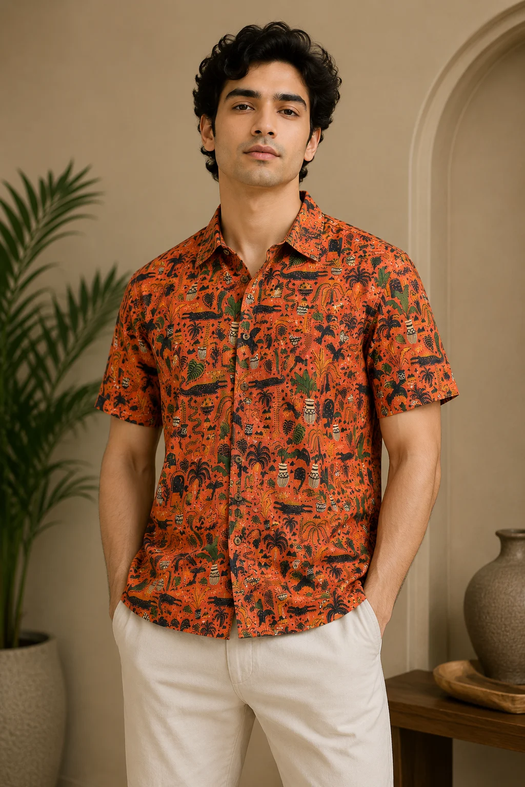 Blended Linen Burnt Orange Tropical Print Half Sleeve Shirt