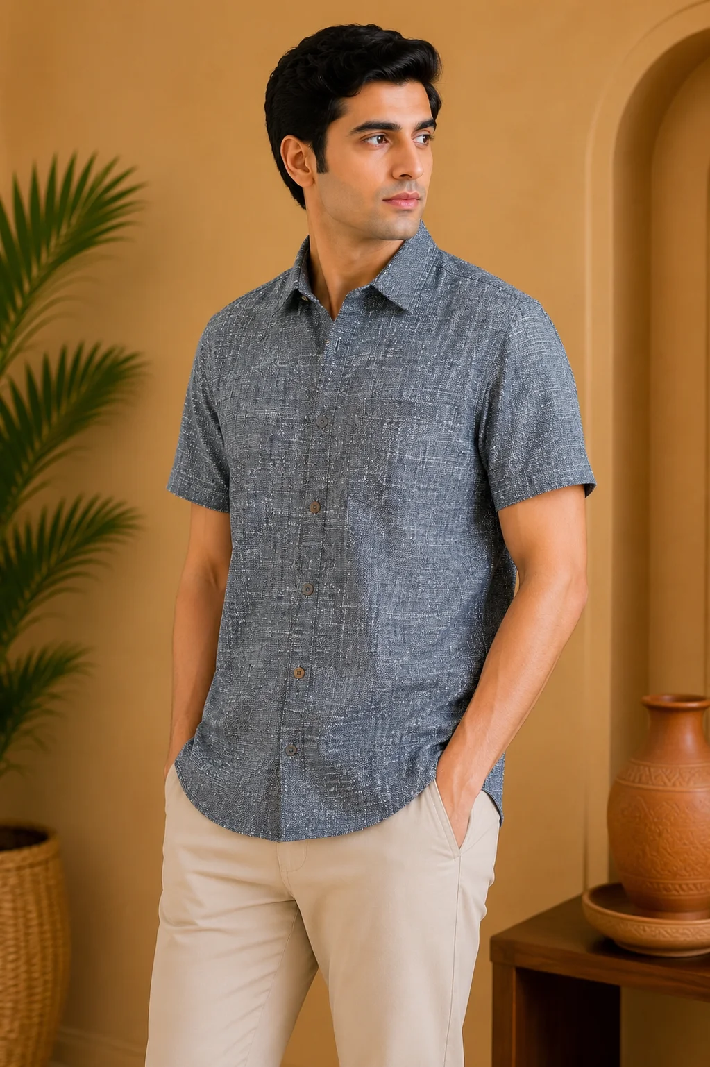 Bhagalpuri Ghiccha Slate Grey Textured Half Sleeve Shirt