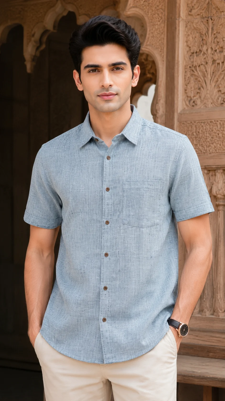 Bhagalpuri Ghiccha Sky Blue Textured Half Sleeve Shirt