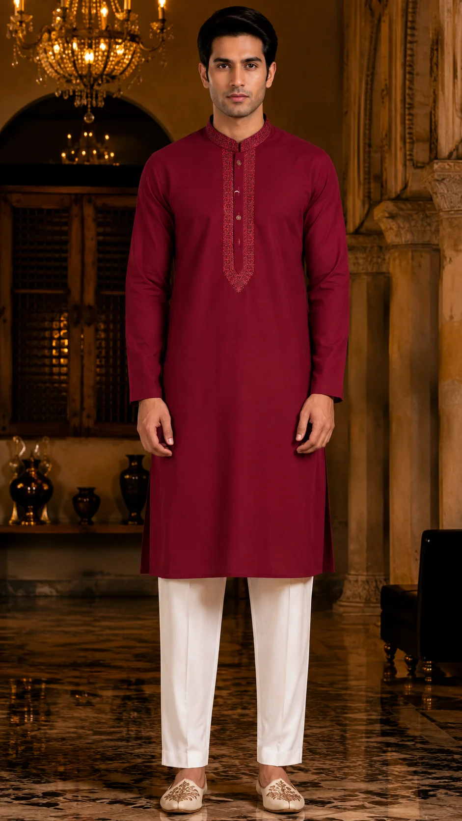 Elegant Maroon Embroidered Neckline Kurta