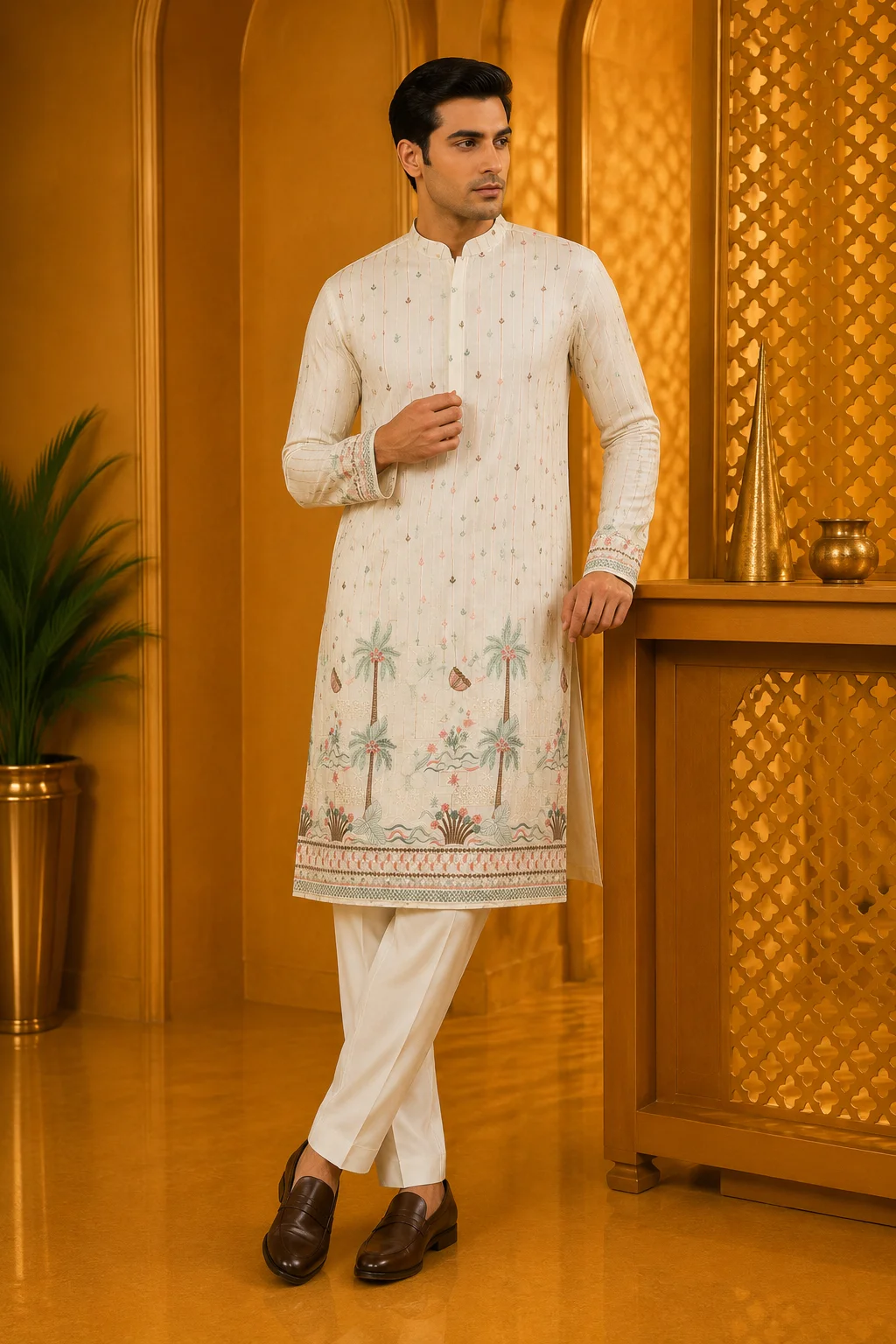 Cream Festive Oasis Embroidered Kurta