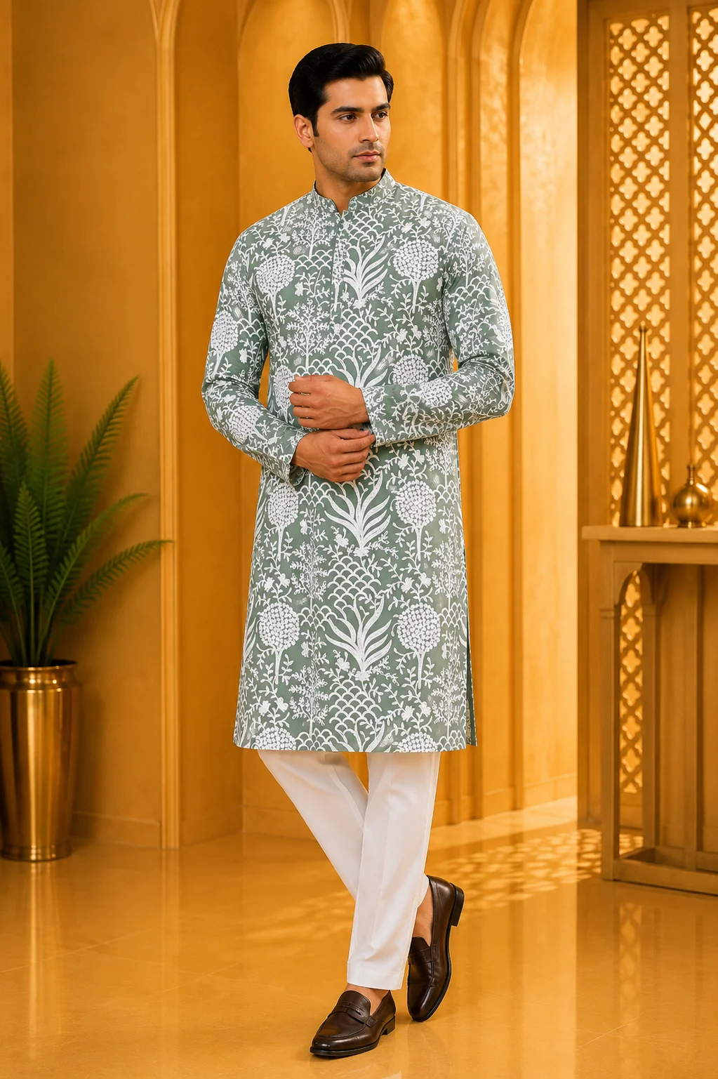 Sage Green Heritage Embroidered Premium Kurta