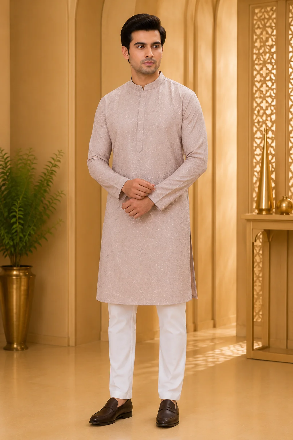 Pastel Peach Chikankari Style Embroidered Kurta