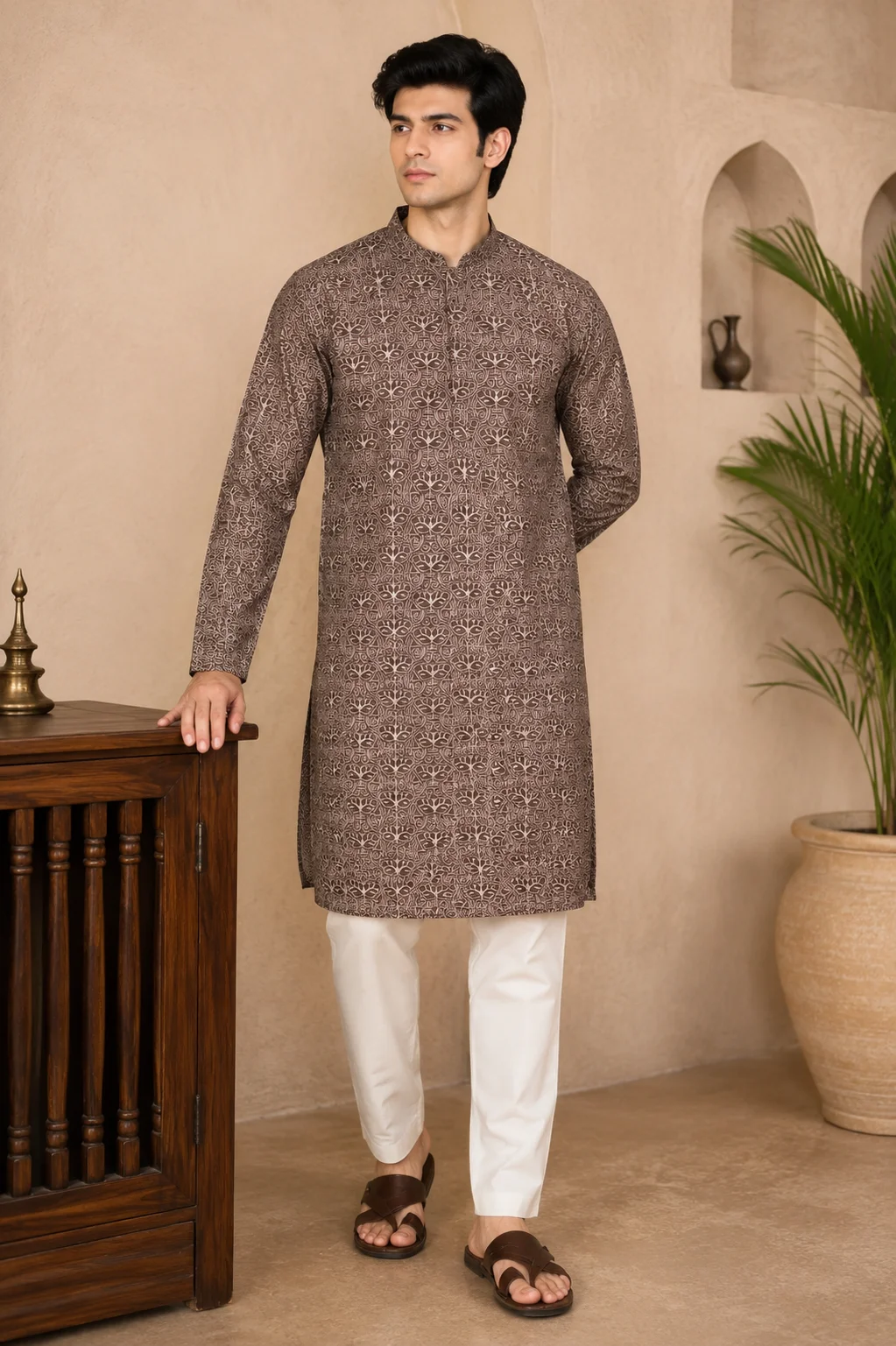 Coffee Brown Embroidered Silk Kurta