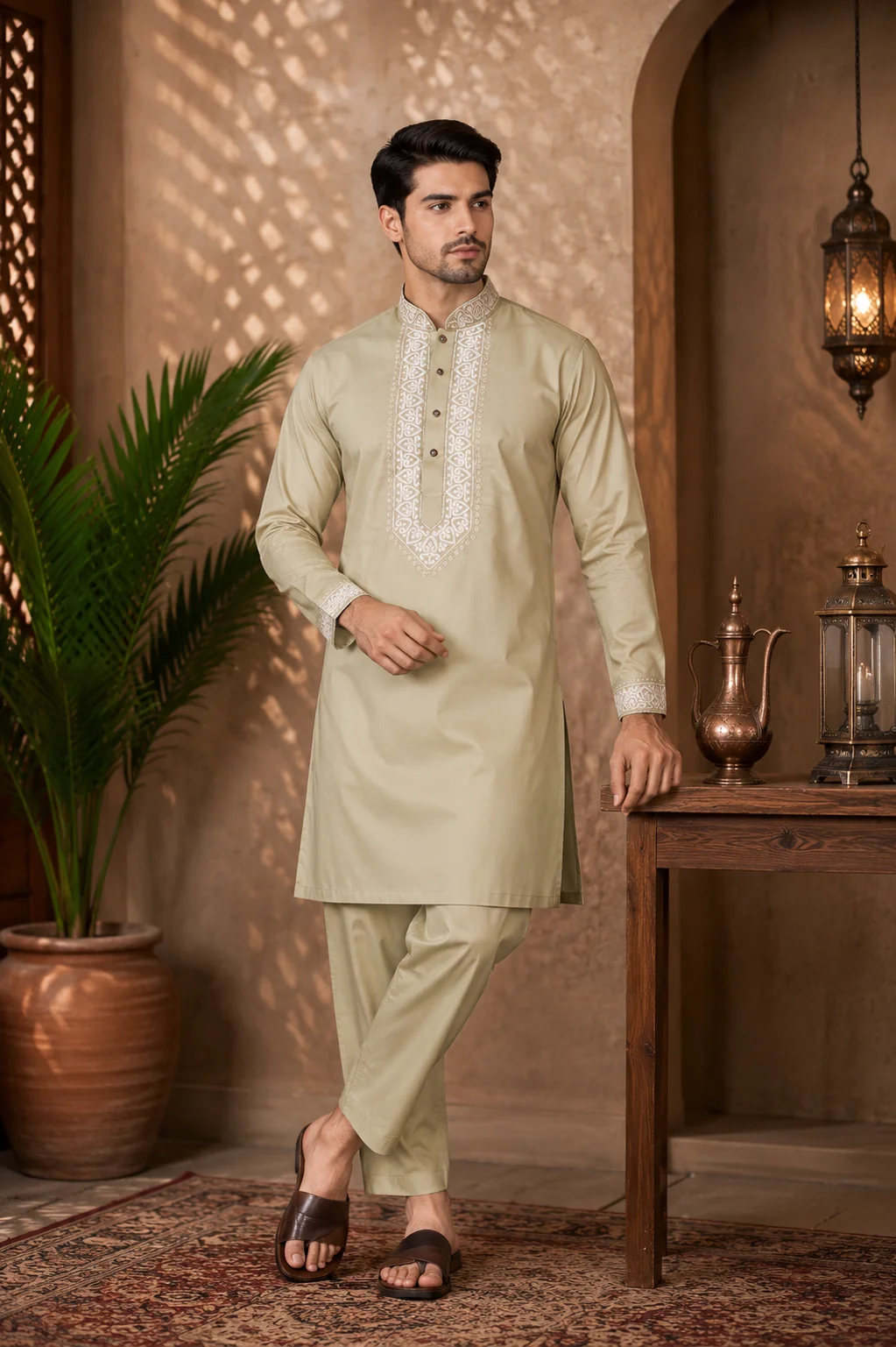 Beige Cotton Embroidered Kurta Set
