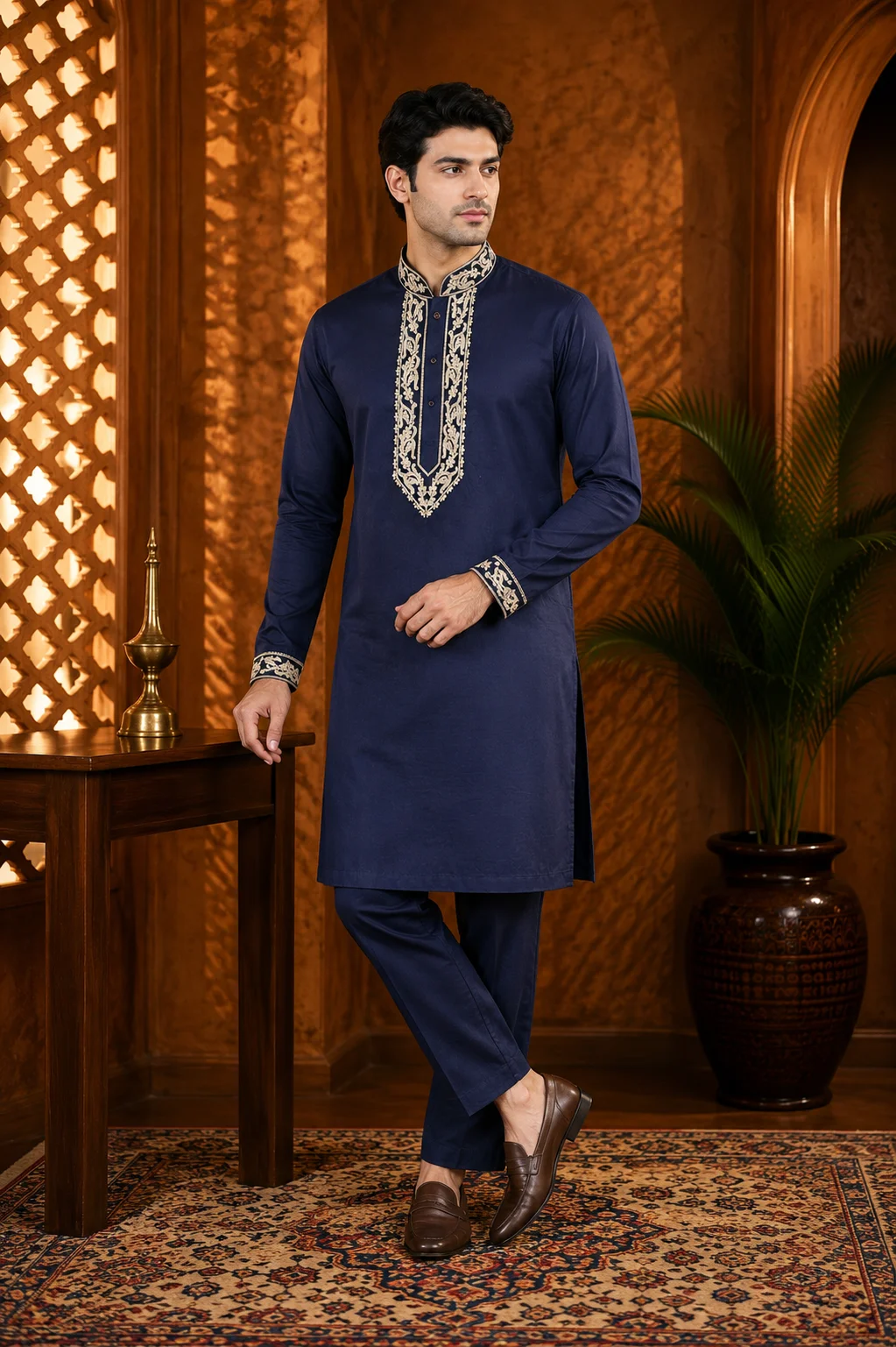 Navy Blue Cotton Embroidered Kurta Set