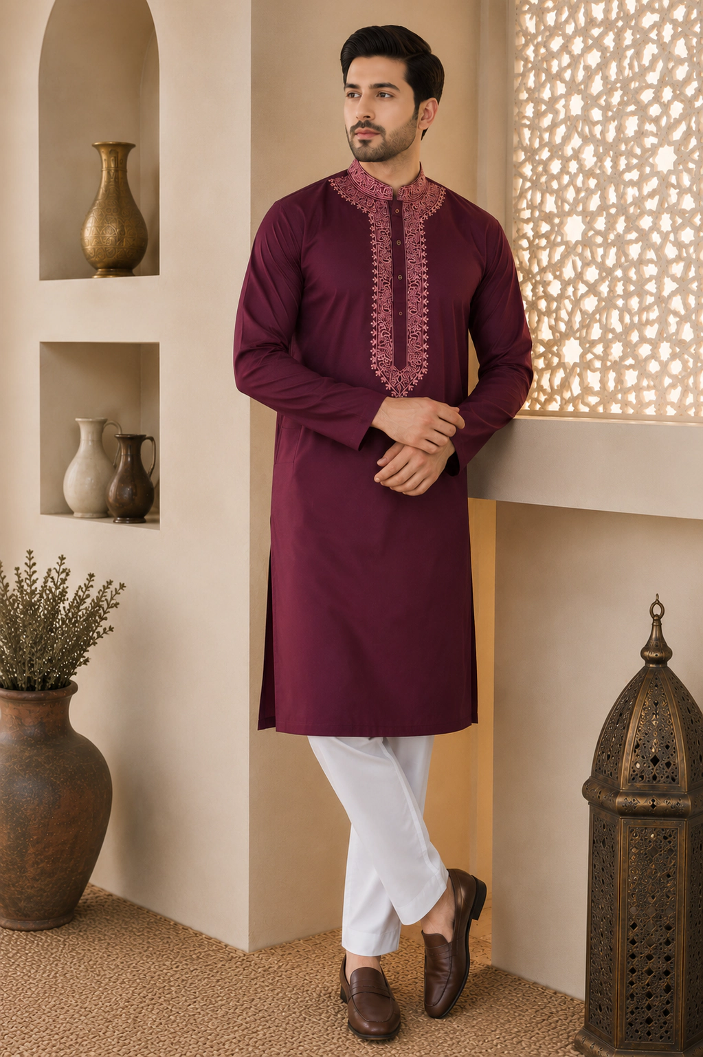 Wine Japanese Embroidered Kurta