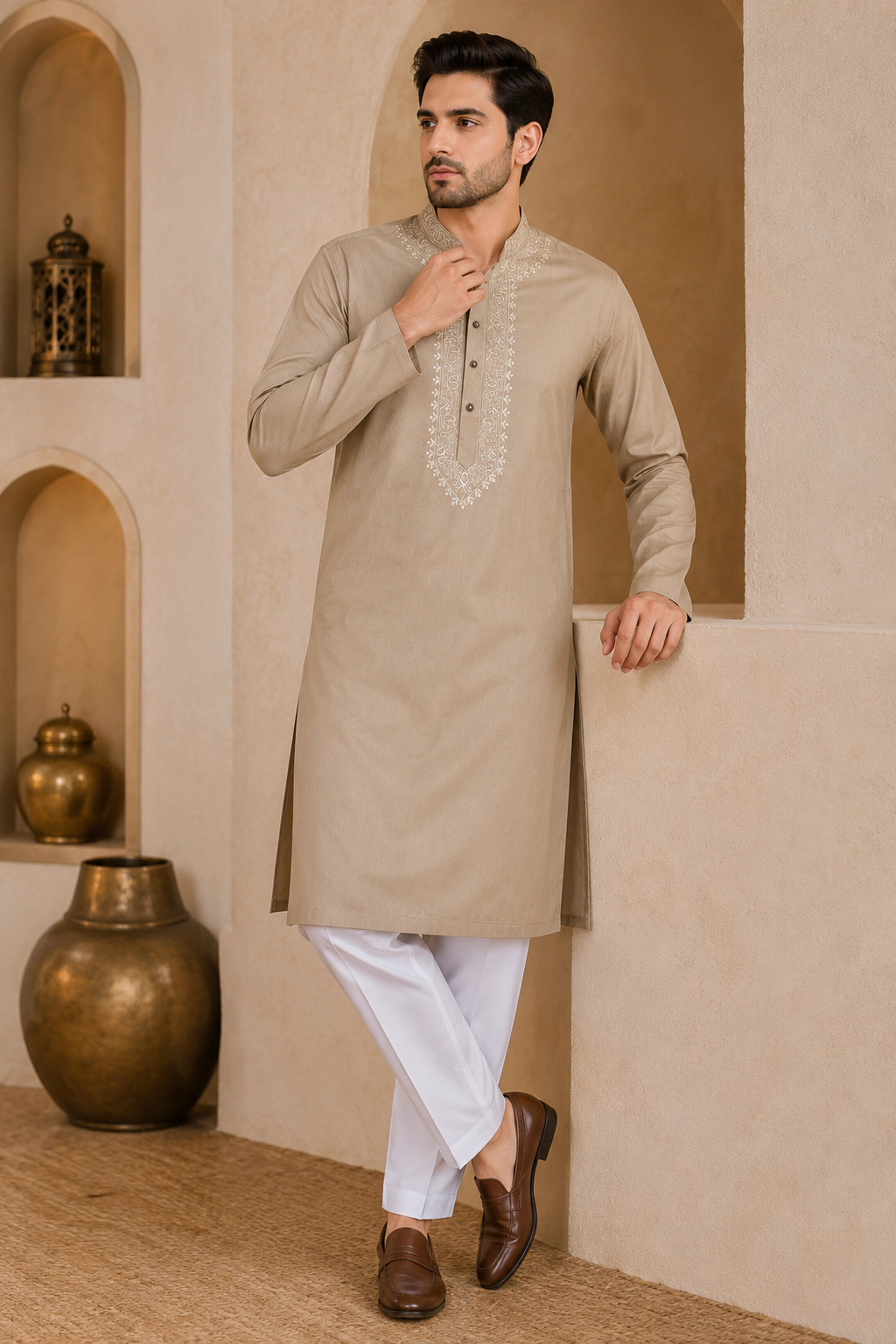 Beige Japanese Embroidered Kurta