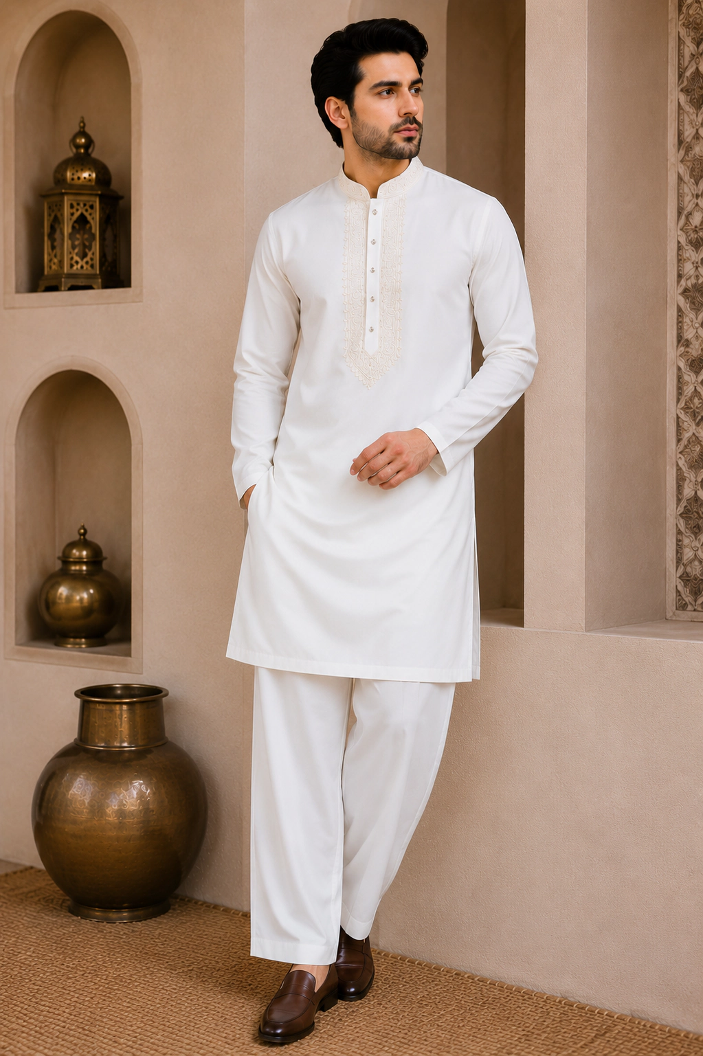 White Japanese Embroidered Short Kurta Set
