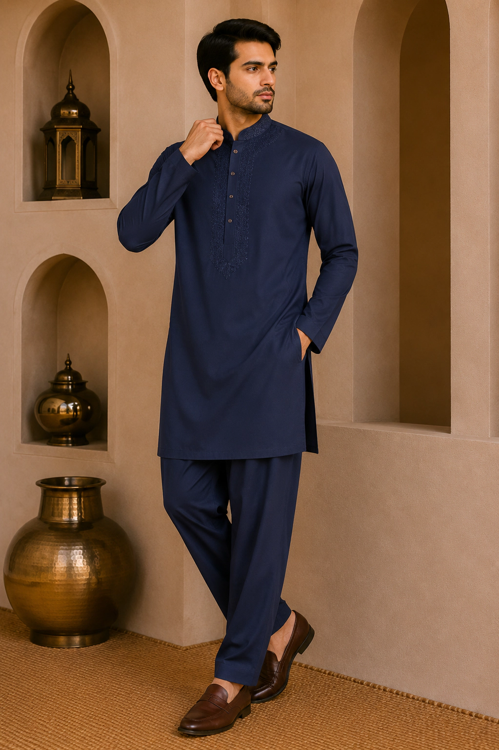 Navy Blue Japanese Embroidered Short Kurta Set