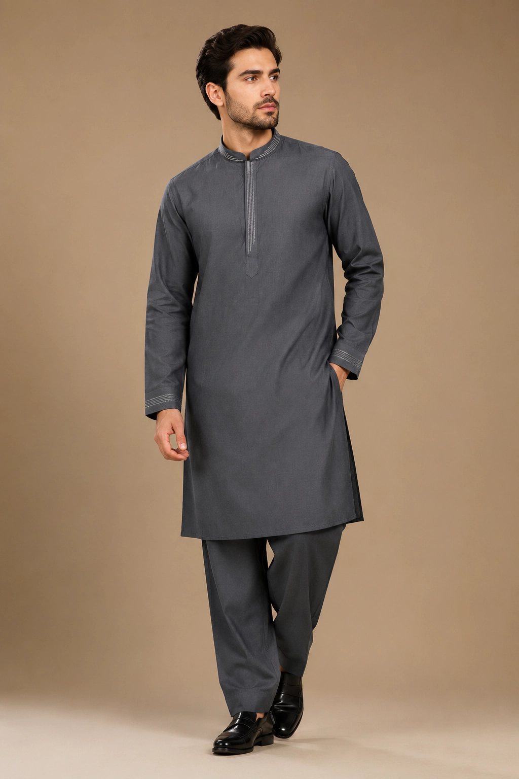 Men's Charcoal Grey Silk Kurta with Bottom