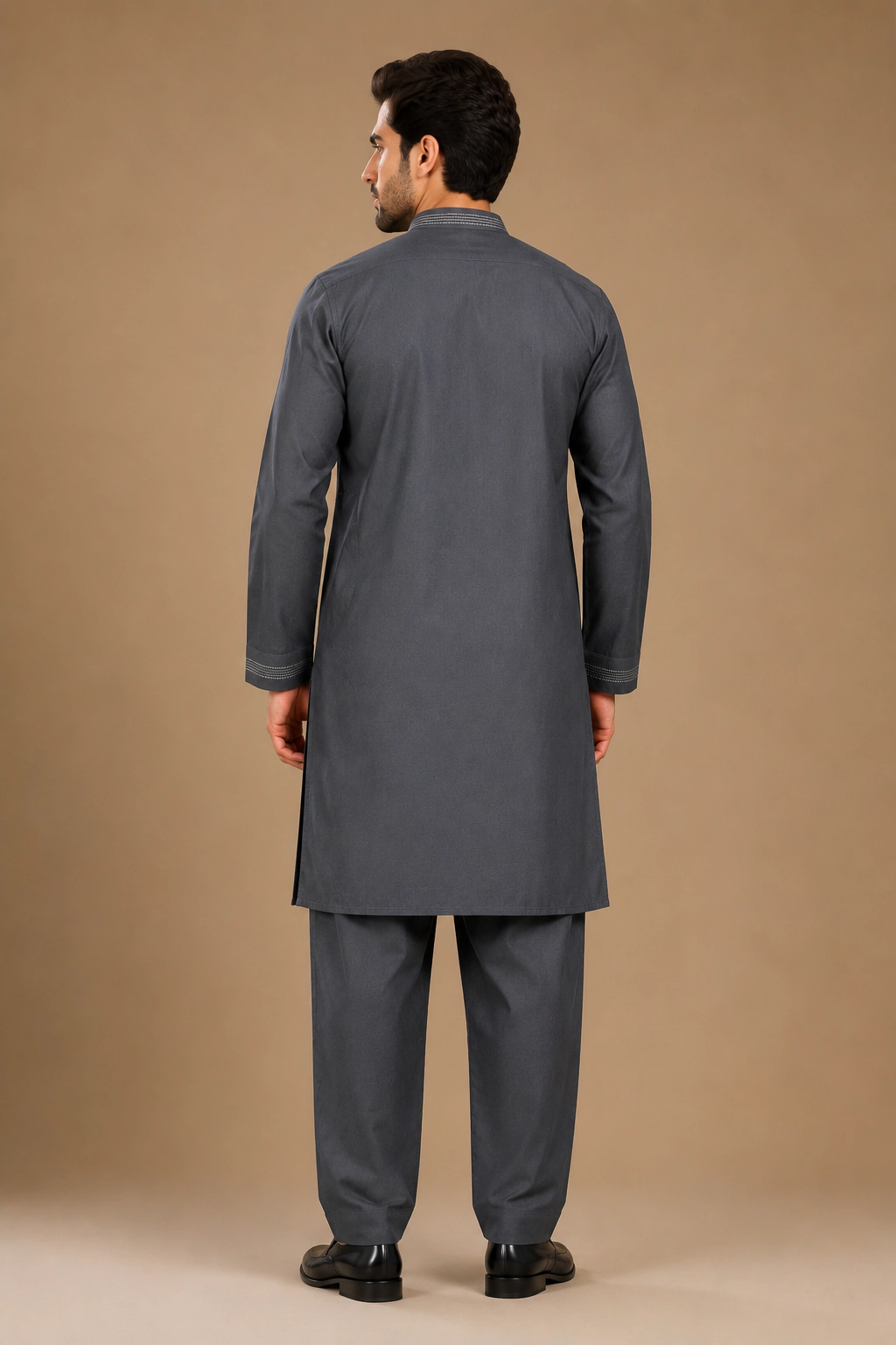 Men's Charcoal Grey Silk Kurta with Bottom view 3