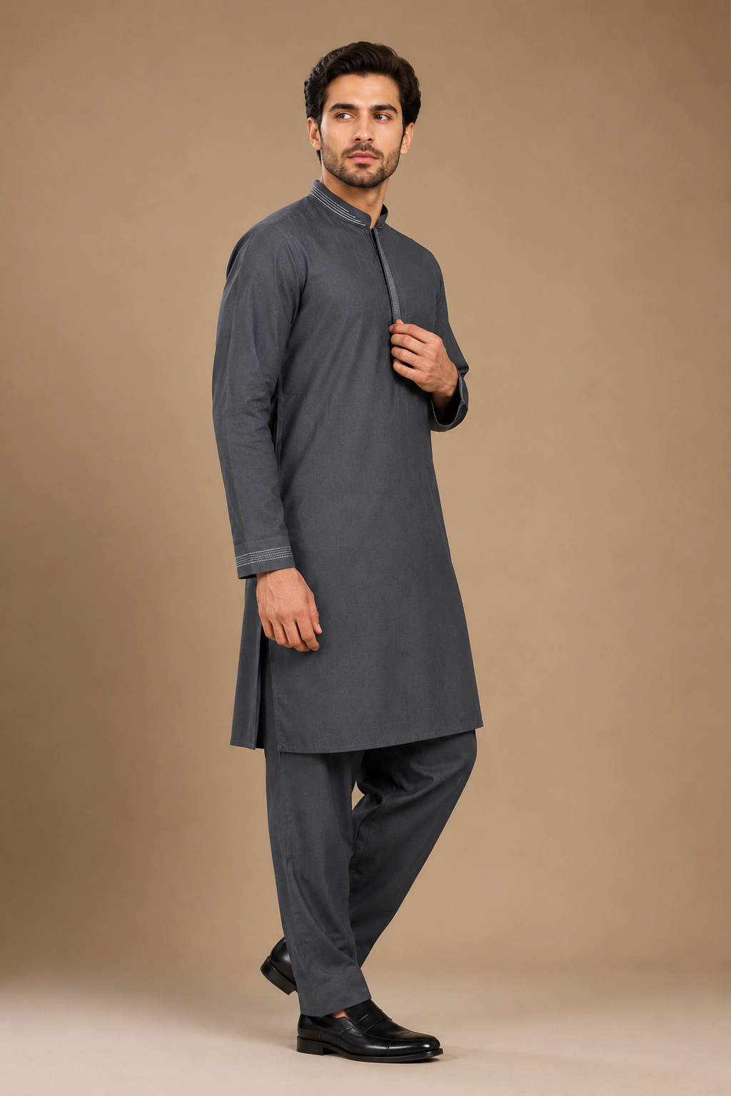 Men's Charcoal Grey Silk Kurta with Bottom view 4