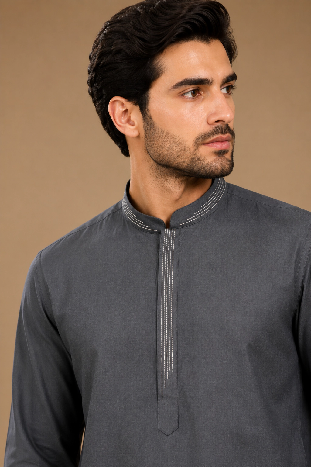 Men's Charcoal Grey Silk Kurta with Bottom view 2