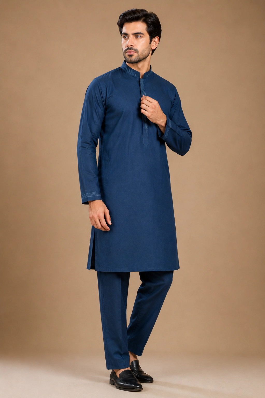 Men's Navy Blue Silk Kurta with Bottom