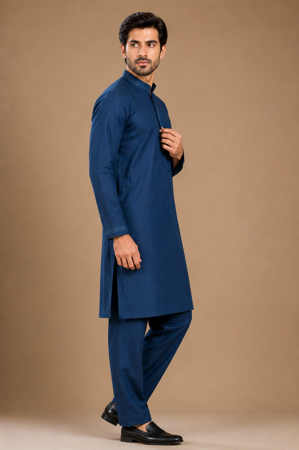 Men's Navy Blue Silk Kurta with Bottom view 4