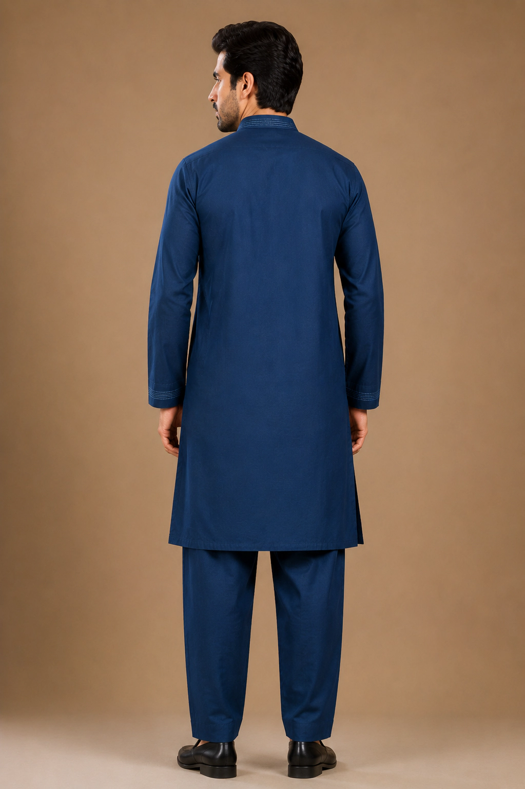 Men's Navy Blue Silk Kurta with Bottom view 3