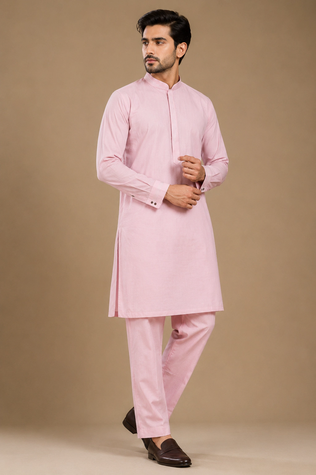 Men's Baby Pink Silk Kurta with Bottom
