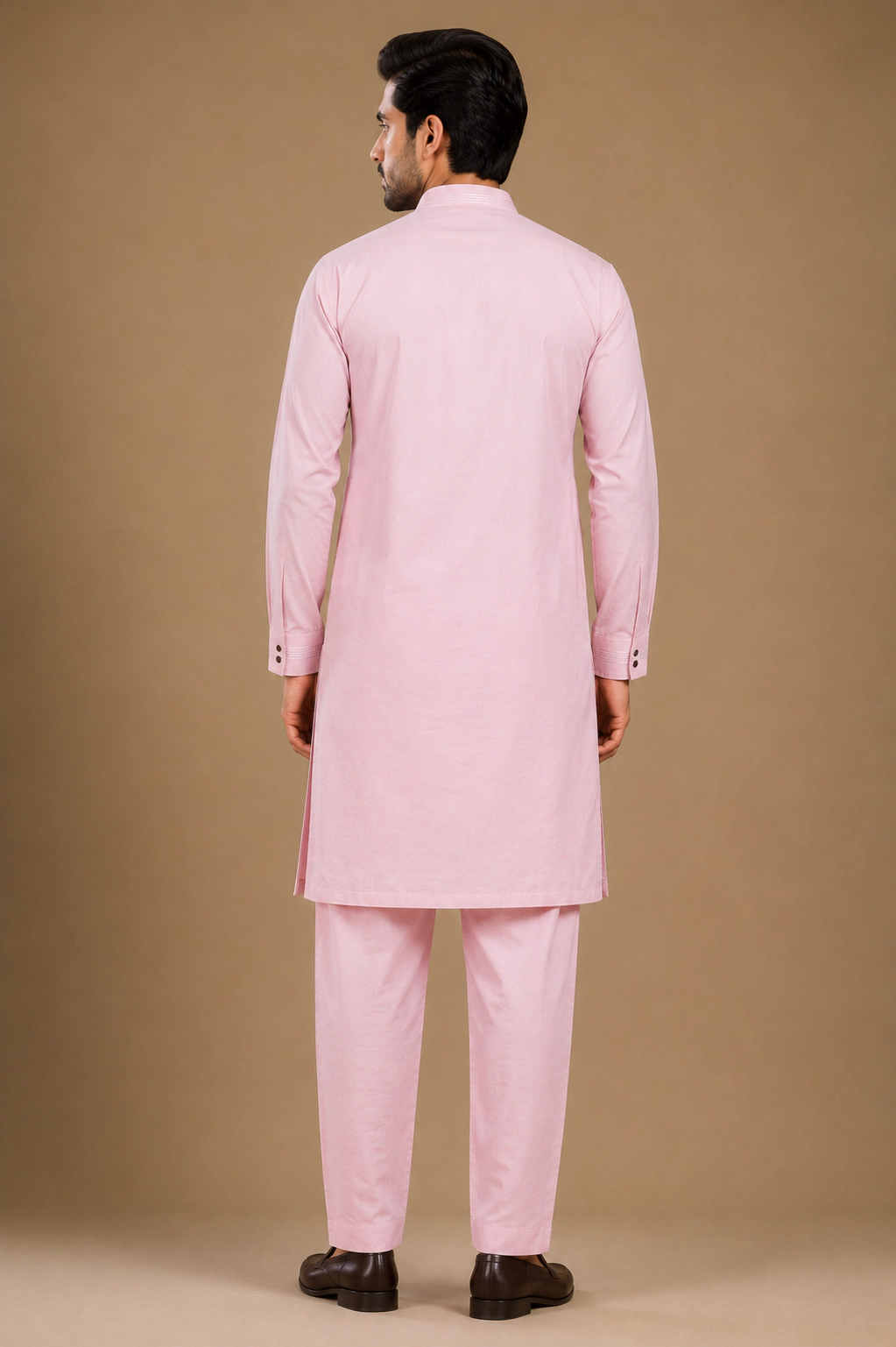 Men's Baby Pink Silk Kurta with Bottom view 3
