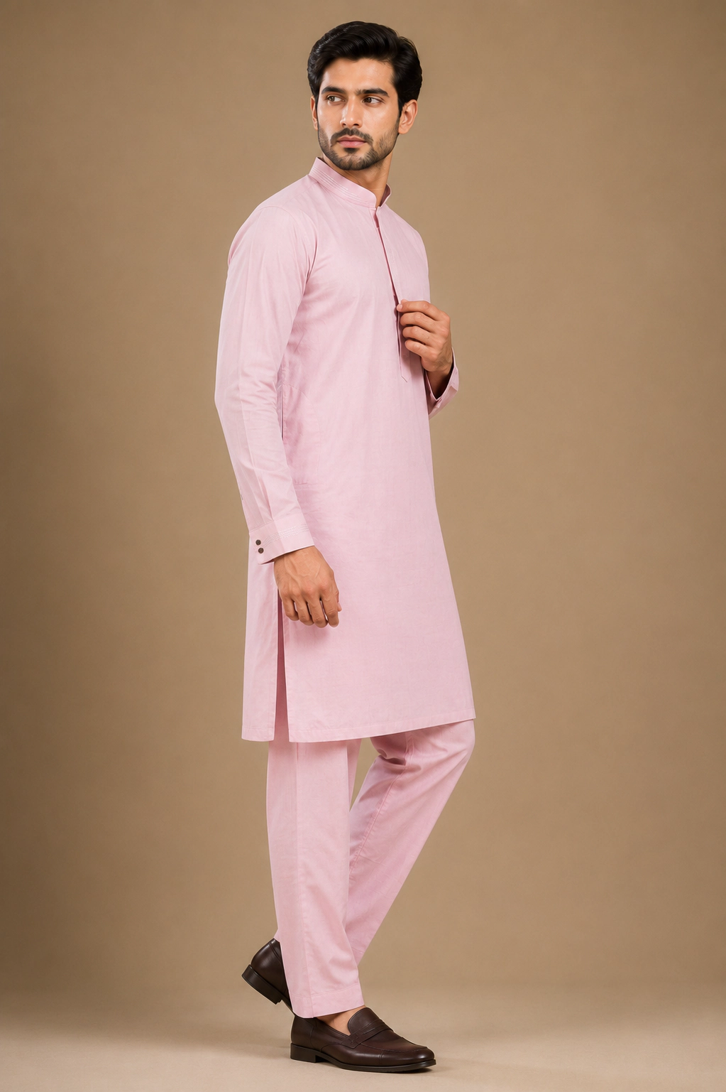 Men's Baby Pink Silk Kurta with Bottom view 4
