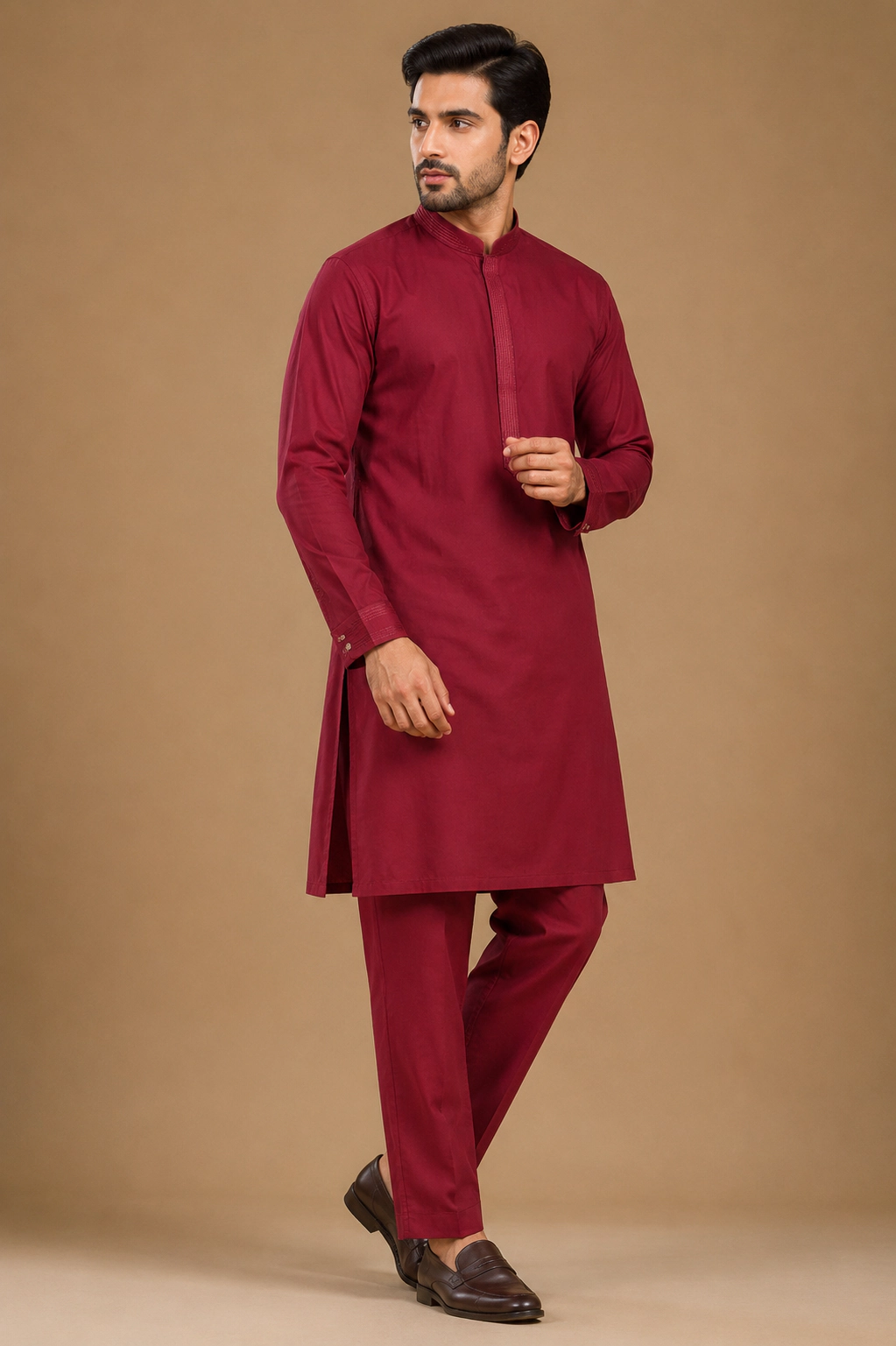 Men's Maroon Silk Kurta with Bottom
