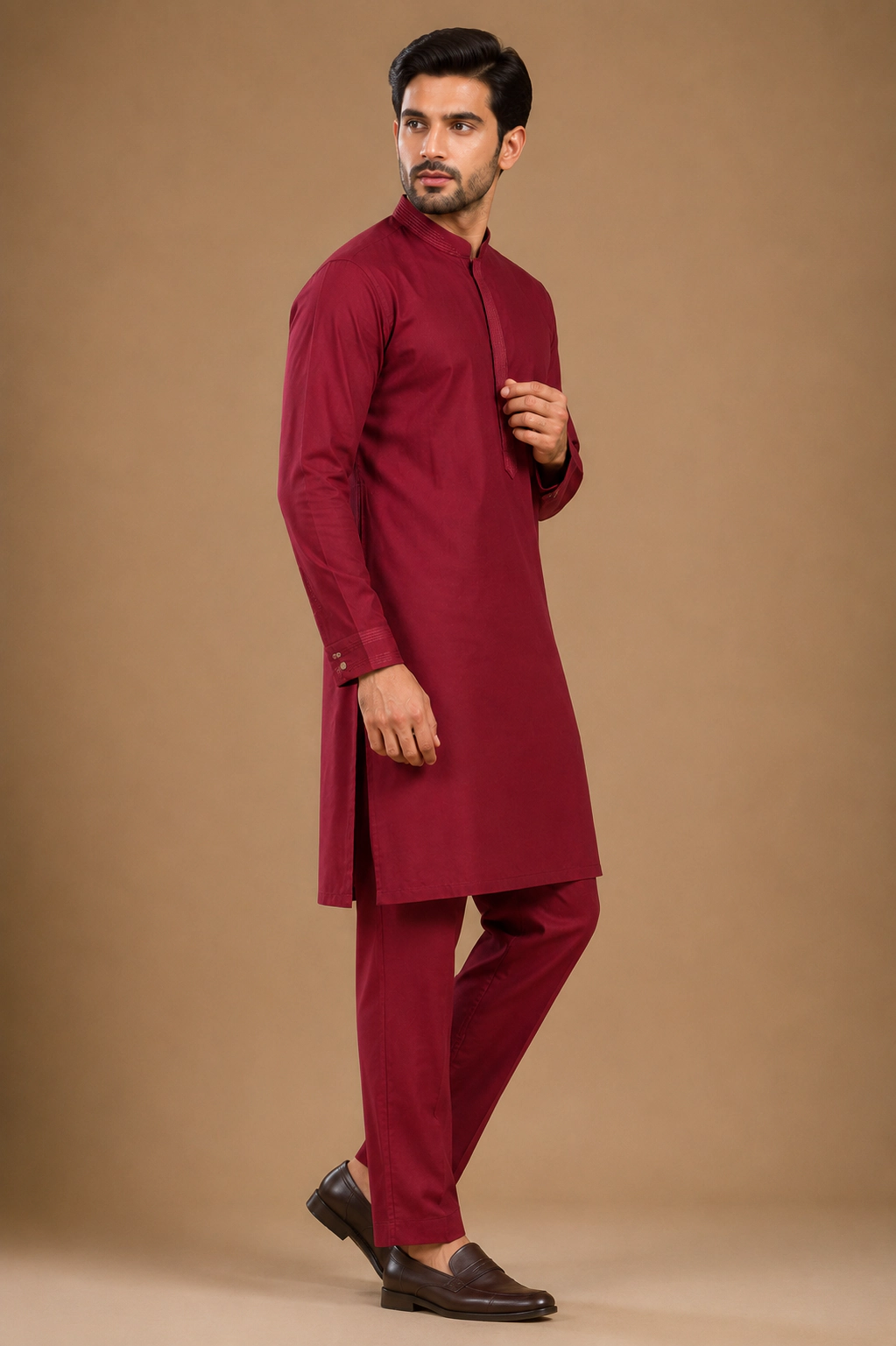 Men's Maroon Silk Kurta with Bottom view 4
