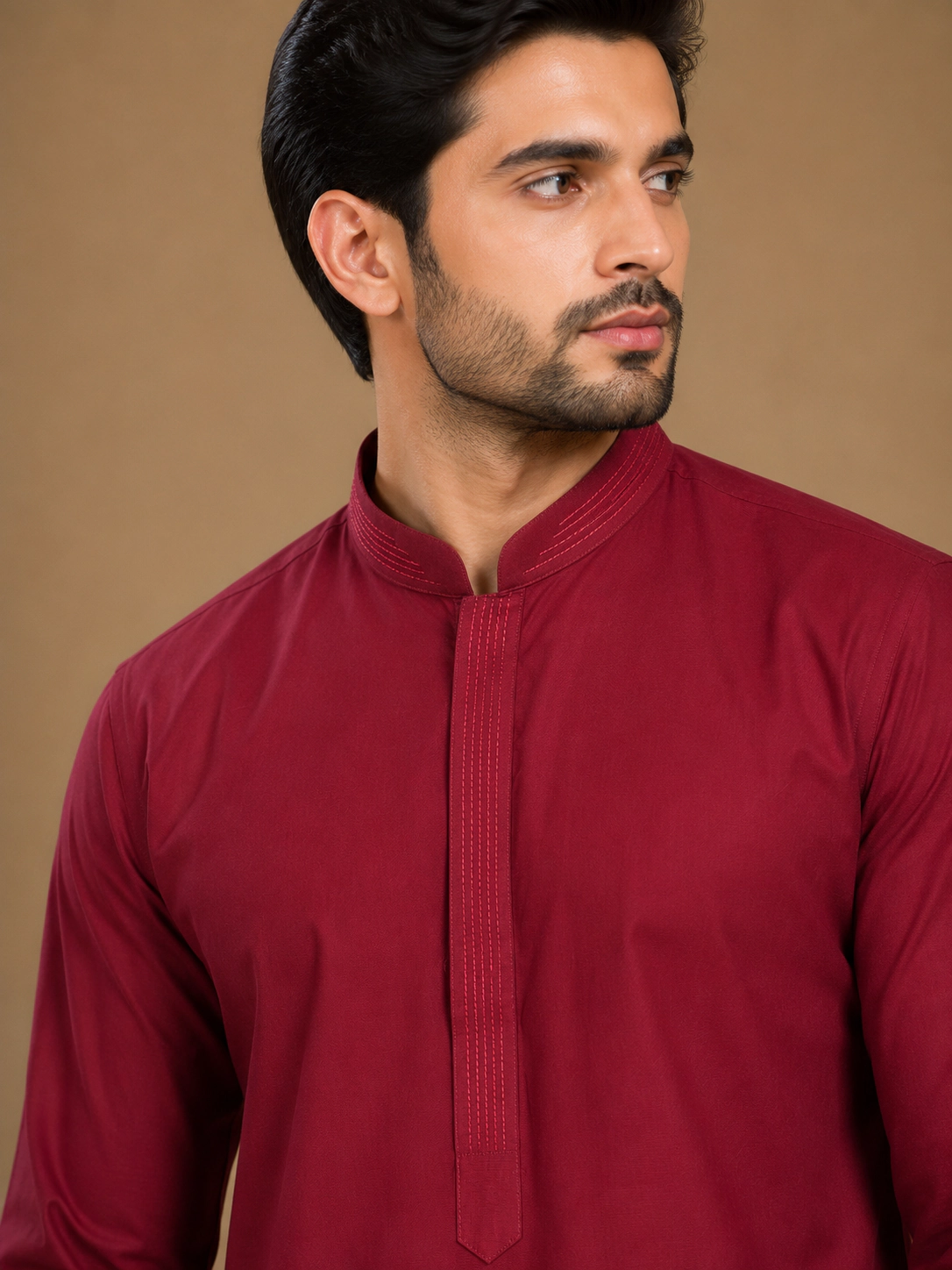 Men's Maroon Silk Kurta with Bottom view 2