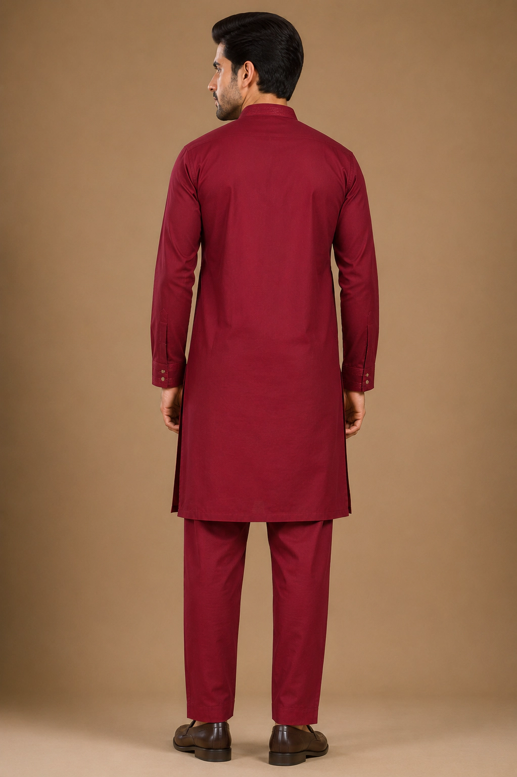 Men's Maroon Silk Kurta with Bottom view 3