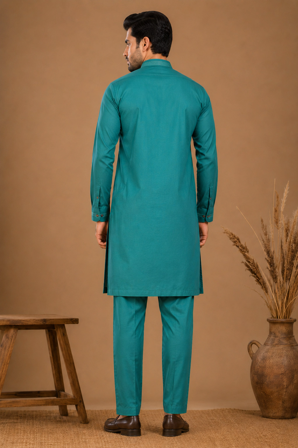 Men's Teal Green Silk Kurta with Bottom view 3