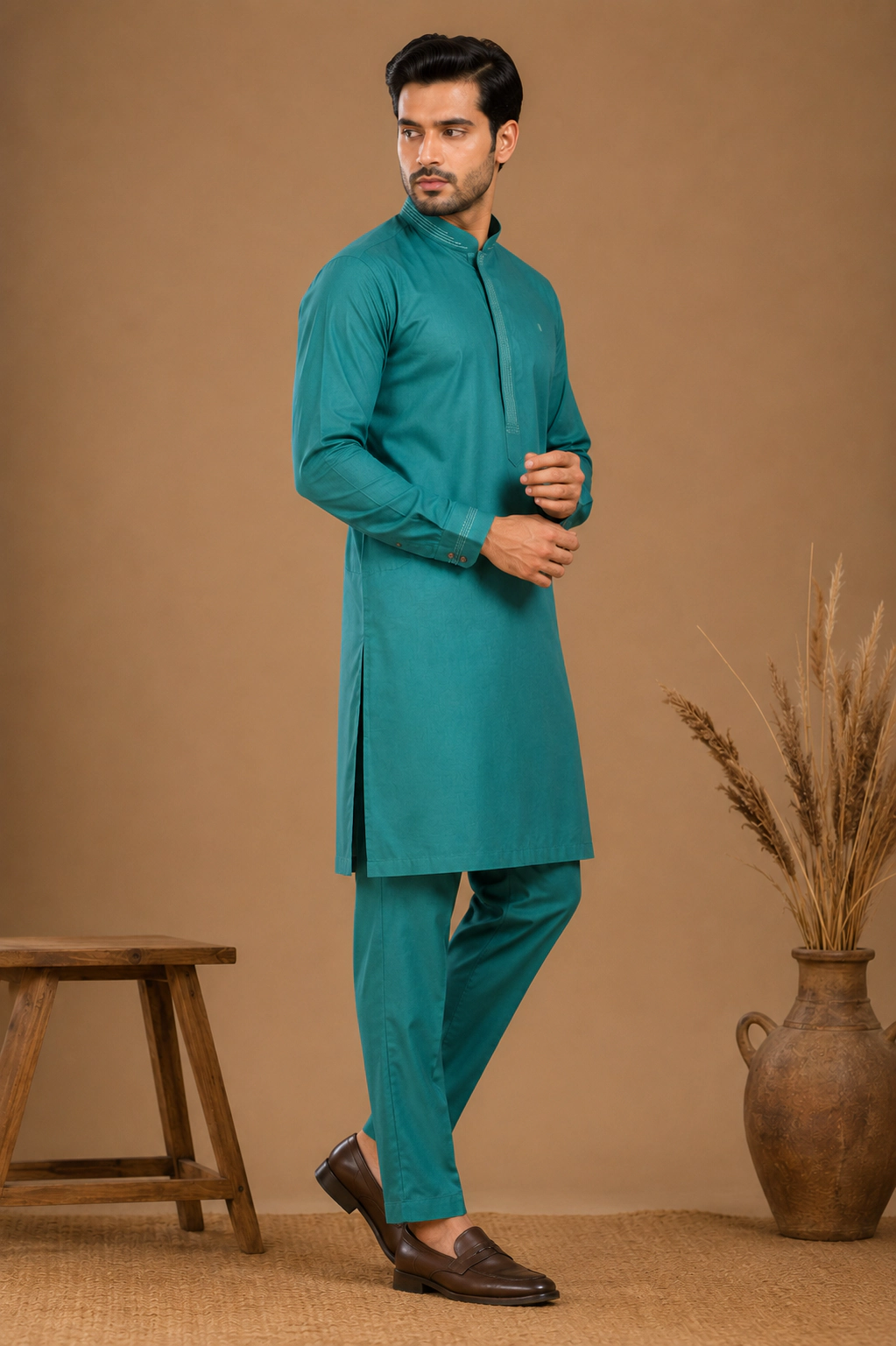 Men's Teal Green Silk Kurta with Bottom view 4