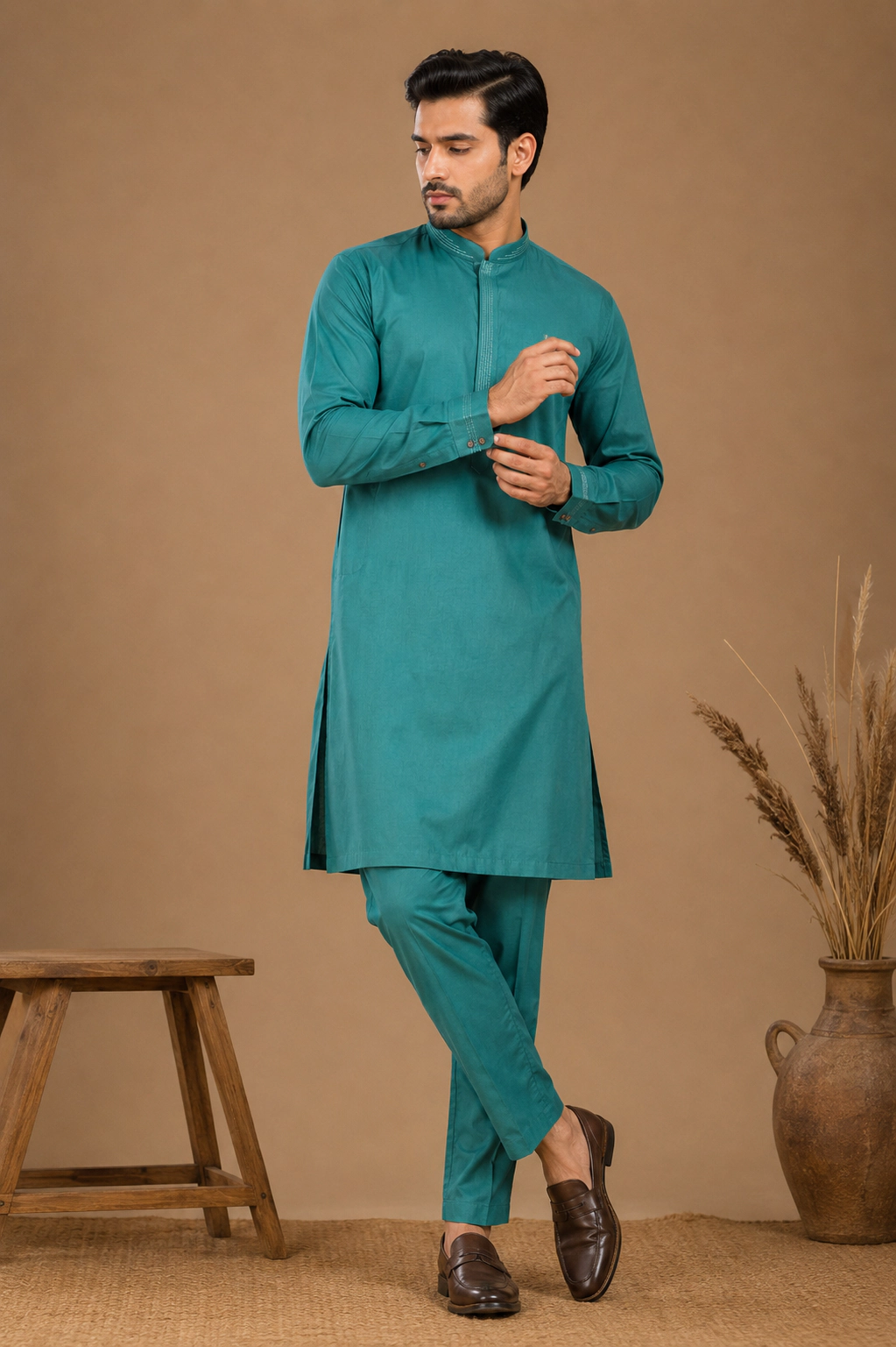 Men's Teal Green Silk Kurta with Bottom