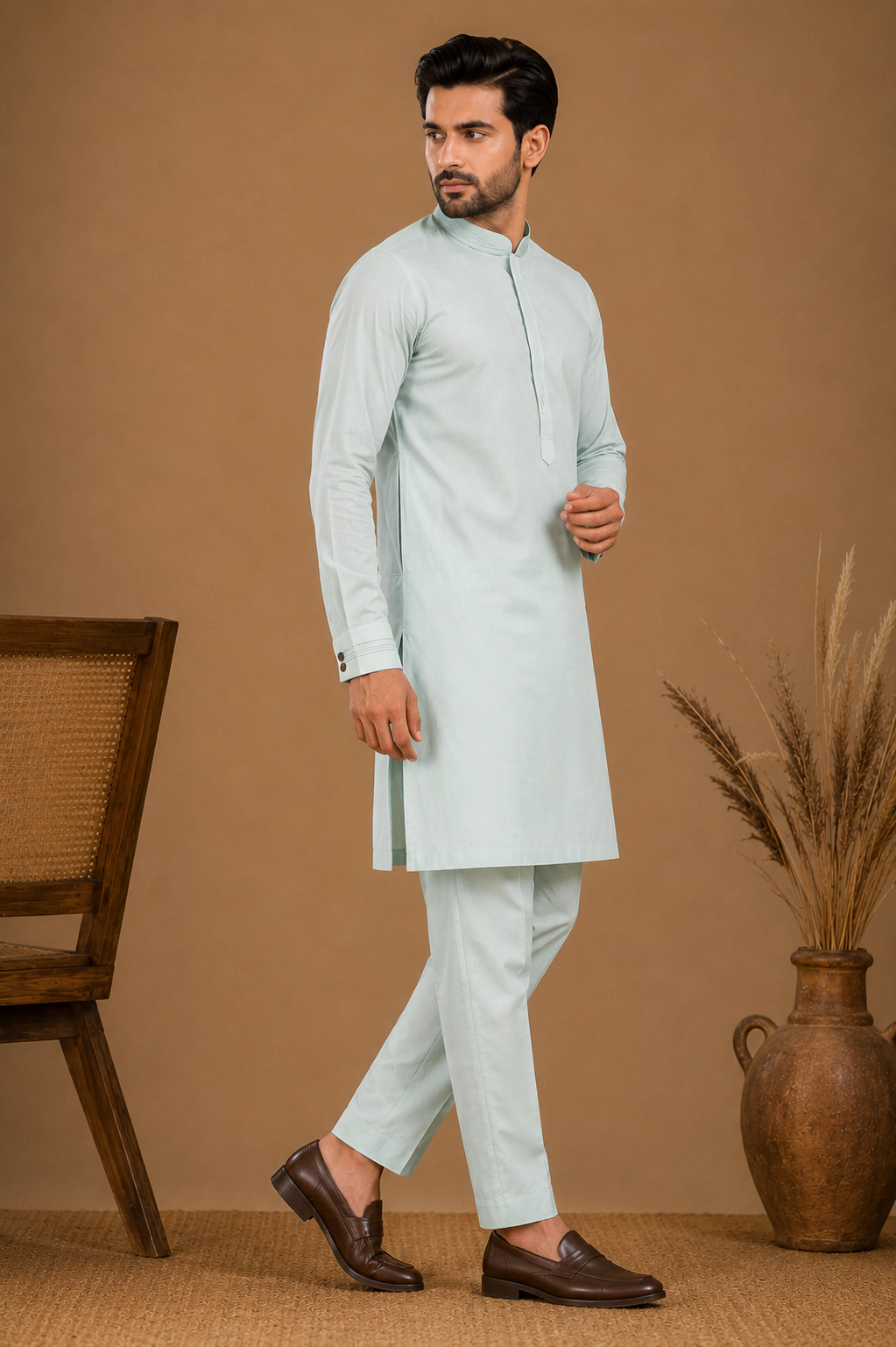Men's Mint Green Silk Kurta with Bottom view 4