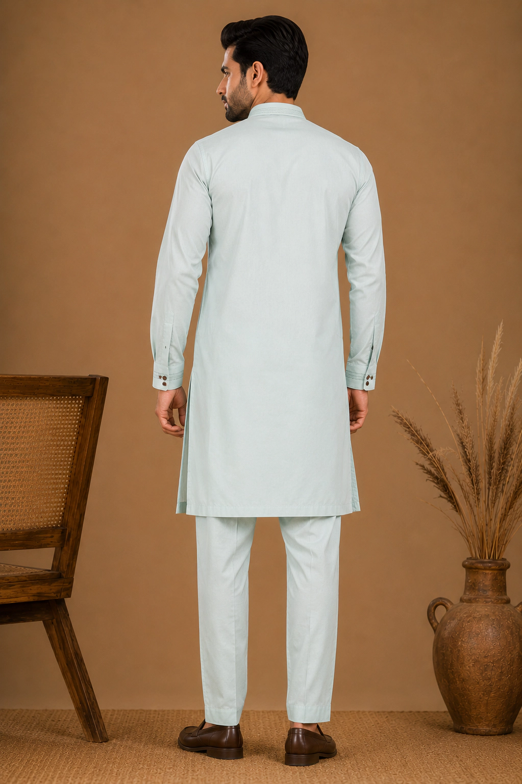 Men's Mint Green Silk Kurta with Bottom view 3