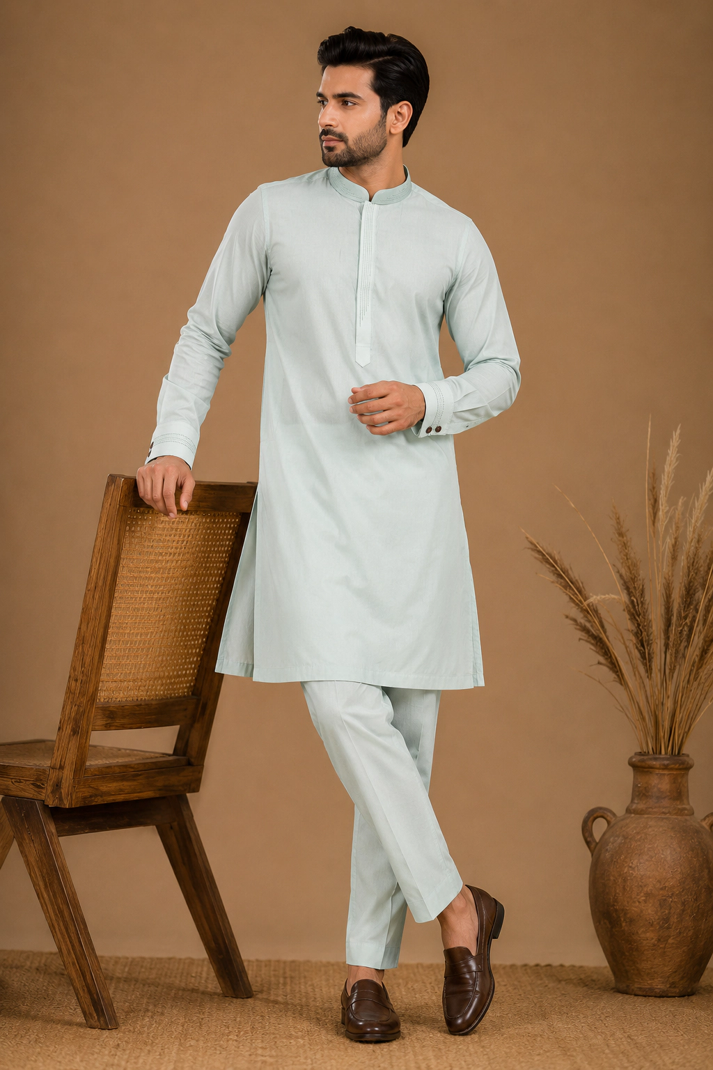 Men's Mint Green Silk Kurta with Bottom
