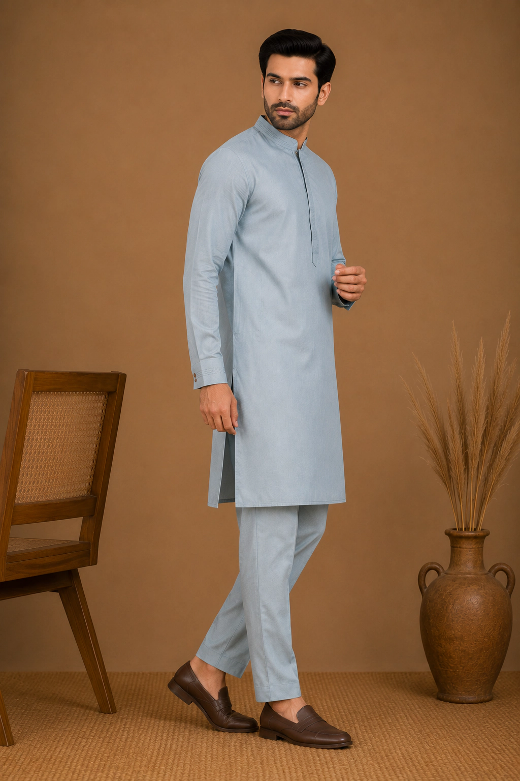 Men's Ice Blue Silk Kurta with Bottom view 4