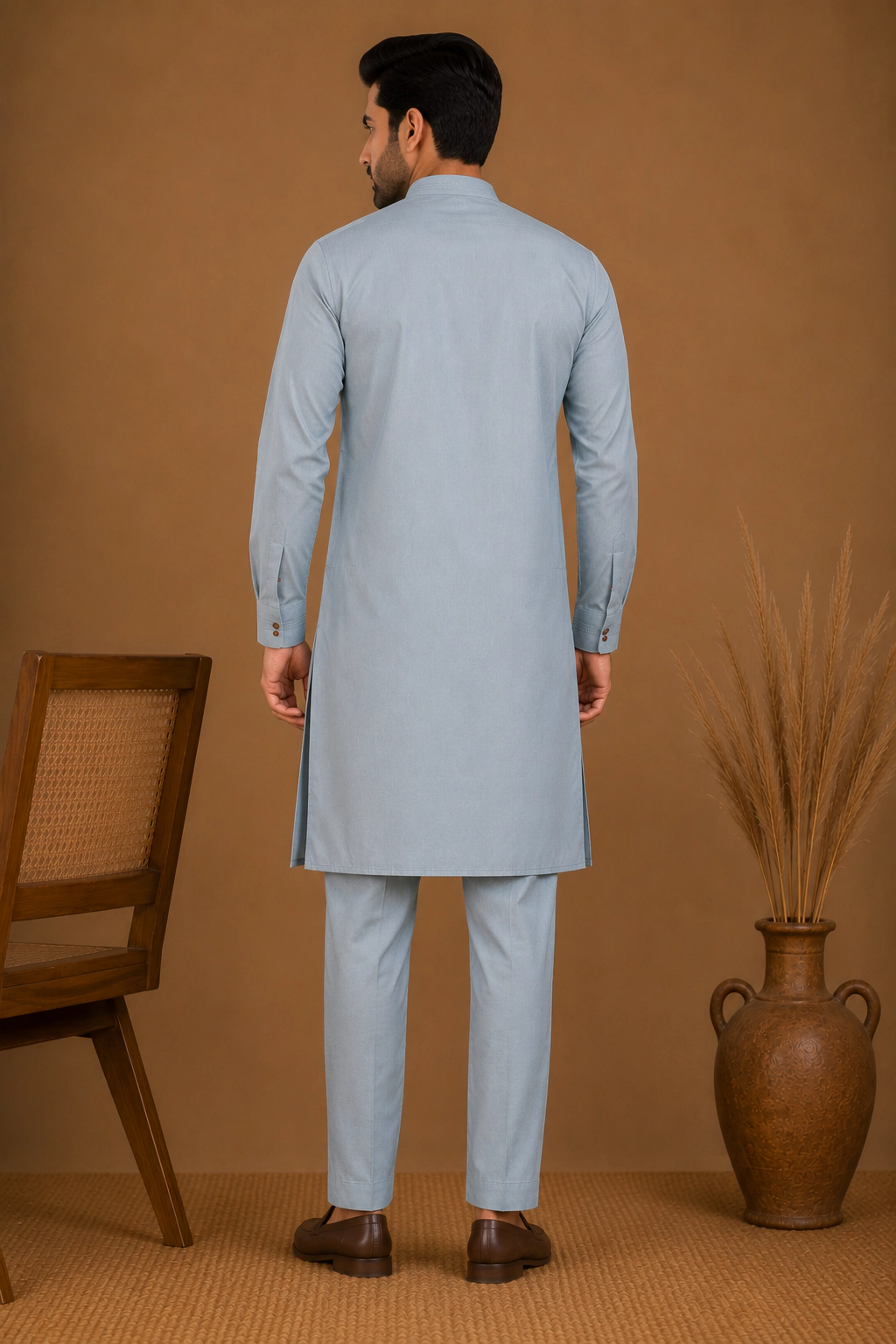 Men's Ice Blue Silk Kurta with Bottom view 3