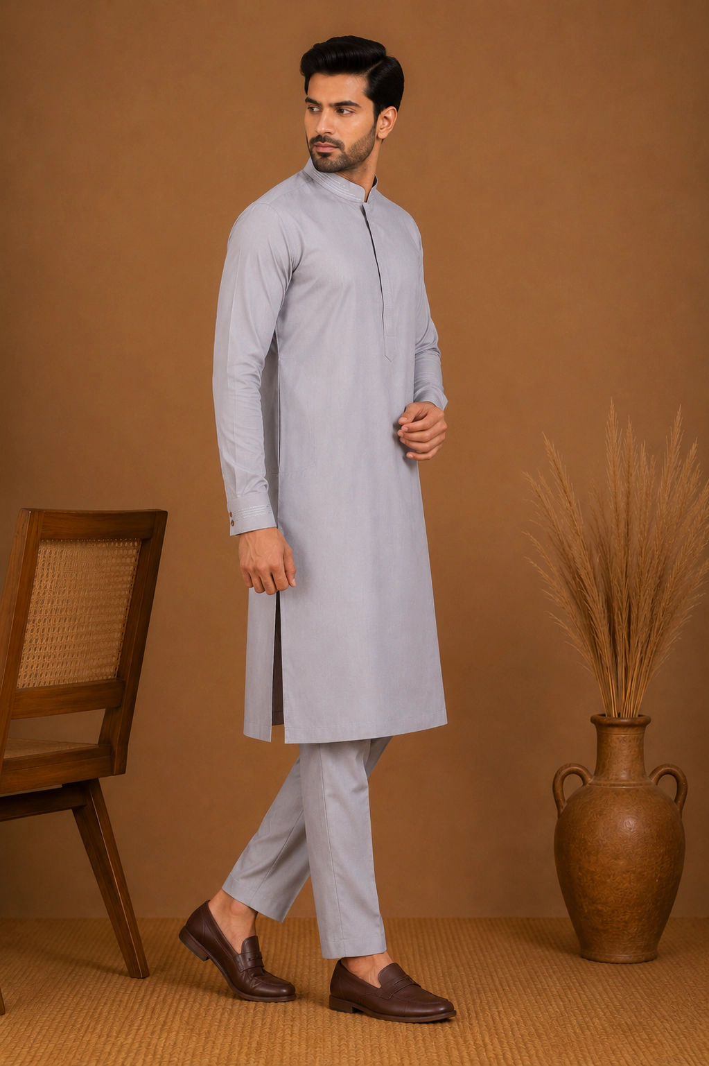 Men's Pearl Grey Silk Kurta with Bottom view 4