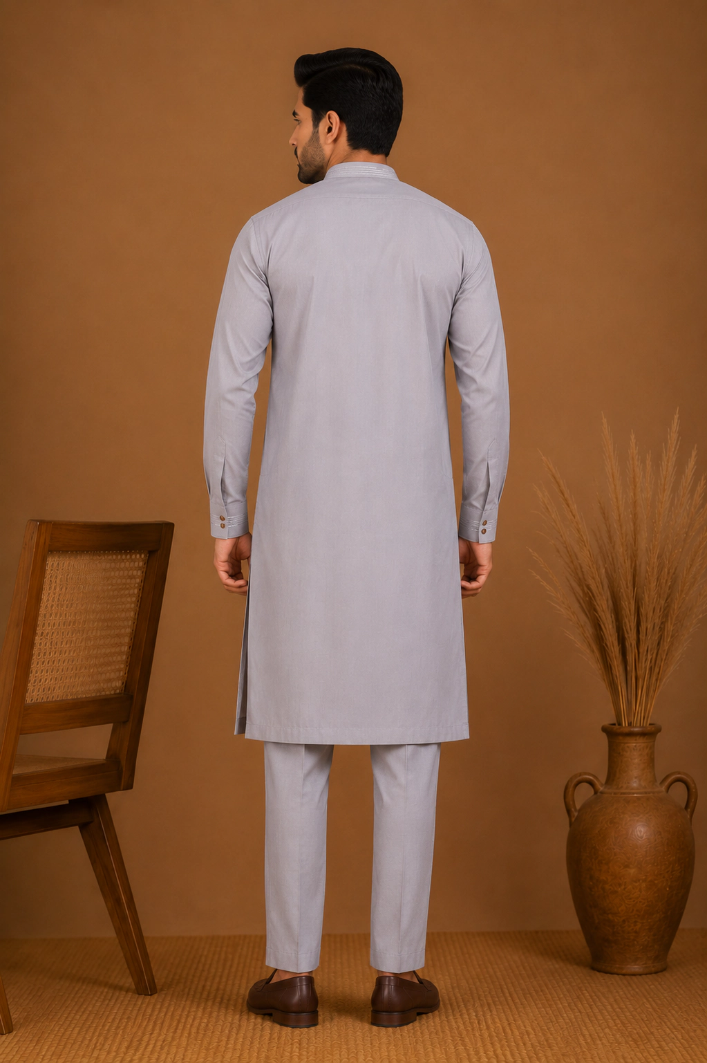 Men's Pearl Grey Silk Kurta with Bottom view 3
