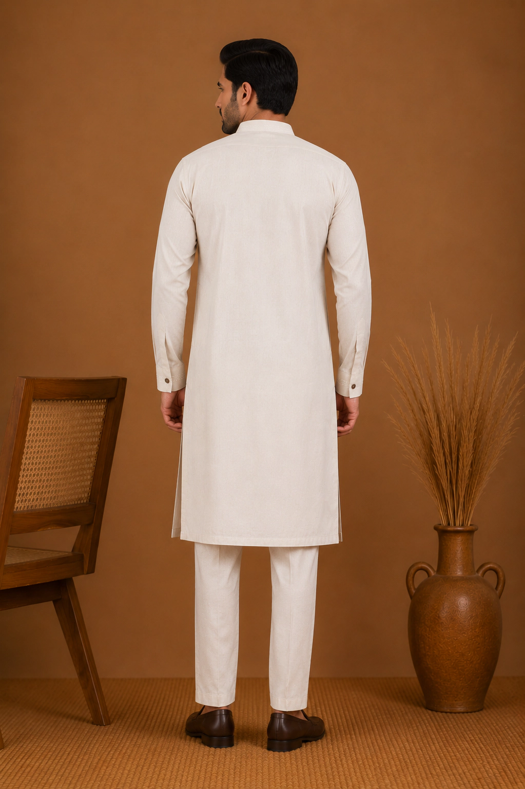Men's Ivory Silk Kurta with Bottom view 3