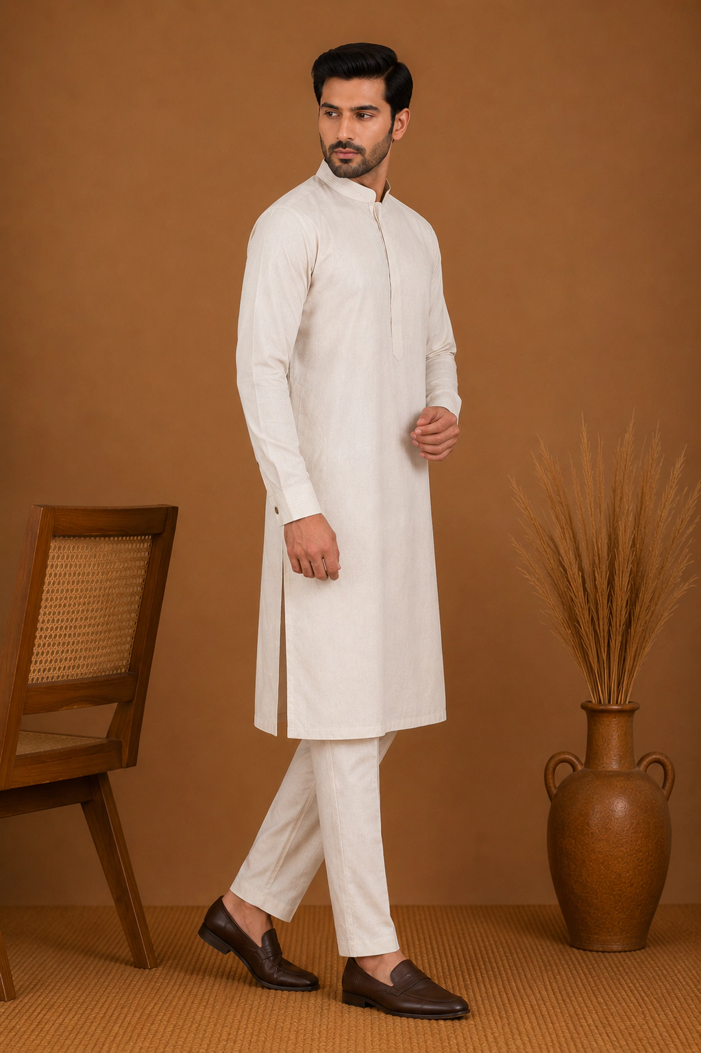 Men's Ivory Silk Kurta with Bottom view 4
