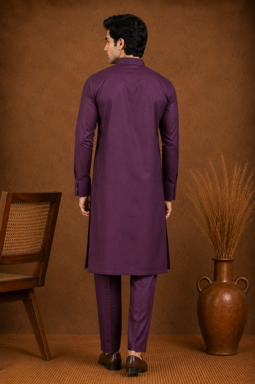 Men's Plum Silk Kurta with Bottom view 3